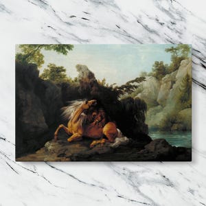 Puede incluir: Una pintura que representa un león atacando a un caballo en un paisaje rocoso. El león está mordiendo el cuello del caballo, y el caballo se está encabritando en defensa. La escena está ambientada en una zona boscosa con un río en el fondo.