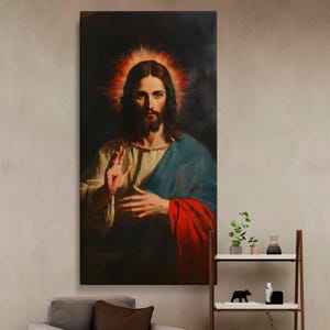 Portrait of Jesus Christ Canvas Wall Art – Classic Religious Painting of Jesus with Halo for Christian Home Prayer Room or Church Decor