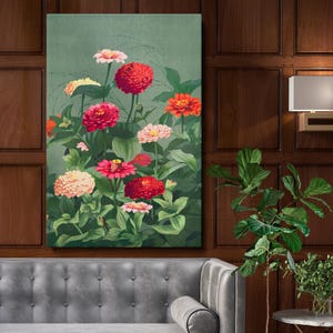 May include: A vintage botanical illustration featuring a cluster of pink and red zinnia flowers with green leaves on a light green background.