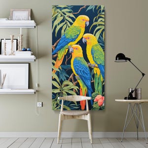 Tropical Forest Parrots Framed Canvas – Vibrant Exotic Bird Painting with Jungle Foliage on Premium Canvas for Home or Nature-Inspired Decor