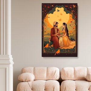 Indian Traditional Mughal Pichwai Art Canvas - Romantic Royal Couple in Nature with Intricate Details and Vibrant Colors for Office Decor