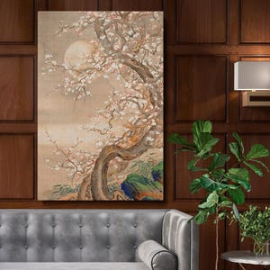 Japanese Plum Blossoms in Moonlight Wall Canvas - Sō Shizan 18th Century Ink on Silk, Elegant Decor for Bedroom or Nature-Inspired Study