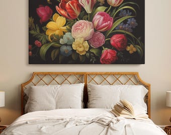 Tulpen en rozen canvas muurafdruk– bloemenschilderij op canvas, vintage botanische kunstwerken voor woonkamer, slaapkamer, kantoor of woondecoratie