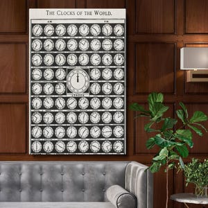 May include: A black and white vintage chart showing the time in different cities around the world. The chart is titled "The Clocks of the World." and shows the time in London at 12:00 PM.