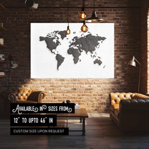 Black polygon geometric world map wall canvas with typography style design in modern black and white perfect for office or home decor
