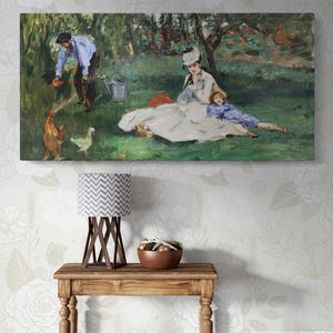 Manet Monet Family in Garden Canvas Prints - Serene Family Moment with Vibrant Flowers, Beautiful Wall Art for Gallery or Office