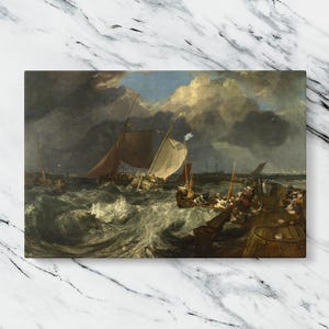 May include: A painting depicting a stormy seascape with three sailing ships and a group of people on a pier. The sky is dark and cloudy, with a few rays of sunlight breaking through. The waves are choppy and white-capped, and the ships are struggling to stay afloat. The people on the pier are watching the ships with concern.