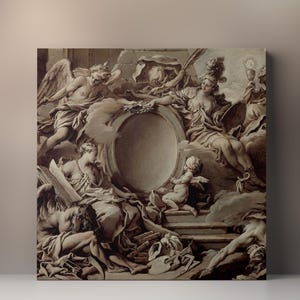 Project for a Cartouche Wall Canvas - Allegory of Minerva, Faith, and History Artwork, Stunning Classical Decor for Study or Living Room