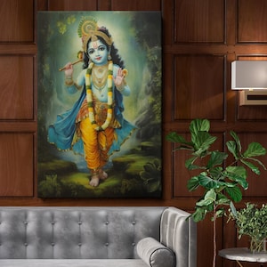 Lord Krishna Wall Canvas Prints - Vibrant Janmashtami Pose in Indian Art for Home Temple or Devotional Room Decor