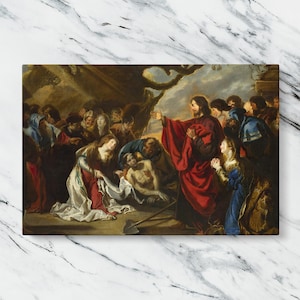 The Raising of Lazarus canvas wall art print biblical resurrection scene by Simon de Vos dramatic baroque style religious canvas decor