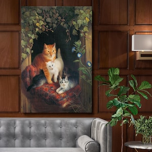 Cat with Kittens Framed Canvas - 1844 Ronner Painting for Artistic Office Bedroom or Timeless Living Room Wall Decor