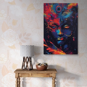 Hindu God Krishna Canvas Wall Art Print – Vibrant Indian Spiritual Painting, Divine Abstract Artwork for Home, Office, or Meditation Room