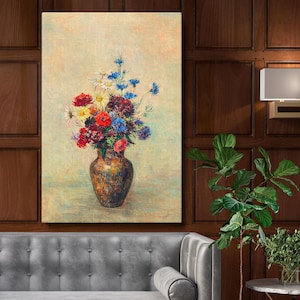 Flowers in a Vase Canvas Prints - Odilon Redon 1910 Rustic Vase with Red Blue and Yellow Florals,  Decor for Dining Room or Living Room