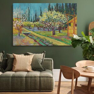 Vincent van Gogh Orchard Bordered by Cypresses Canvas Wall Art - Nature-Inspired Painting for Rustic Living Room or Office Decor
