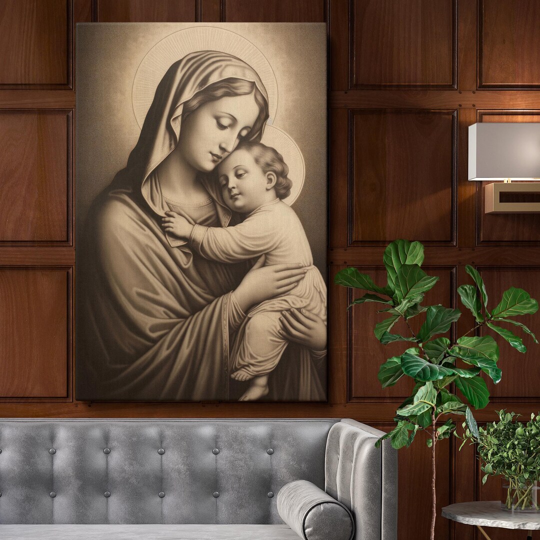 Madonna and Child Drawing Framed Canvas Print – Religious Virgin Mary ...