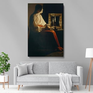 The Penitent Magdalen Framed Canvas Wall Print – Baroque Religious Artwork, Georges de La Tour Painting for Office, or Prayer Room Decor