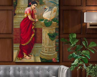 Art mural sur toile Un cygne racontant à Damayanti l'amour de Nala - Peinture mythologie indienne de Raja Ravi Varma, impression vintage pour décoration de maison ou de bureau