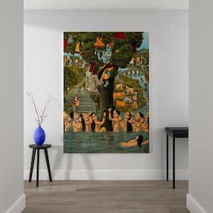May include: A colorful painting depicting a scene from Hindu mythology. A blue figure plays a flute while standing on a tree branch.  Multiple figures are in a body of water below the tree. The painting is set against a backdrop of a lush green forest and a temple.