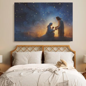 Impresión en lienzo de la noche estrellada de Navidad de la Natividad: obra de arte religiosa de la Sagrada Familia, arte de pared cristiano para la decoración de la sala de estar, la iglesia o la guardería