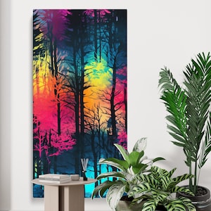 Vibrant Abstract Forest Canvas Print – Colorful Nature-Inspired Wall Art with Bold Pattern & Neon Aesthetic for Modern Home or Studio Decor