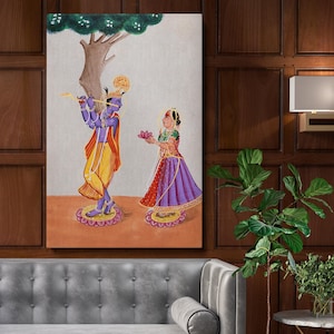 Radha Krishna Gouache Wand Leinwand - Andachtvolle Liebe in der Mythologie Handgemaltes Kunstwerk für spirituelle und Geschenk Wanddekoration