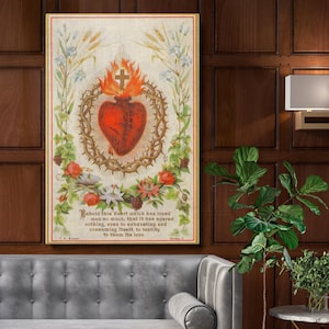 Lienzo decorativo de pared con el Sagrado Corazón: ilustración religiosa vintage con guirnalda floral para una oficina espiritual, un dormitorio o una decoración atemporal del hogar