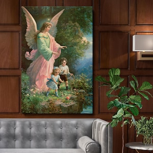 Guardian Angel Wall Canvas - Vintage 1914 Illustration of Angel Watching Over Children for Serene Home Bedroom or Religious Décor