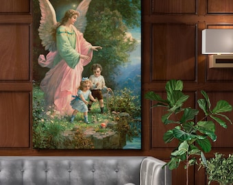 守護天使の壁掛けキャンバス - 1914 年のヴィンテージ、子供たちを