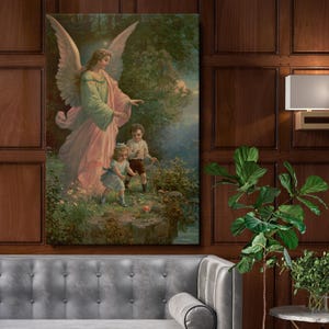 Guardian Angel Vintage Framed Canvas Wall Art – 1914 Classic Spiritual Print, Angelic Protection Artwork for Home, Nursery, or Prayer Room