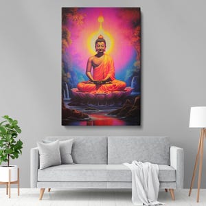 Siddhartha Gautama Wall Canvas Art - Meditating on Lotus Serene Spiritual Artwork for Home Temple or Meditation Room Decor