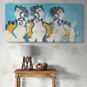 Three Minoan Ladies Fresco Canvas Wall Art - Ancient Greek Knossos Painting Reproduction - Framed Canvas for Living Room, Office Decor