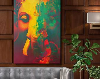 Vibrante Lord Ganesha Canvas Wall Art – Dipinto spirituale indù astratto con colori vivaci per la casa, il tempio o la sala di meditazione