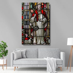 Saint with Staff Stained Glass Wall Canvas - Vintage Gothic Design with Intricate Patterns,Classic Religious Decor for Church or Living Room