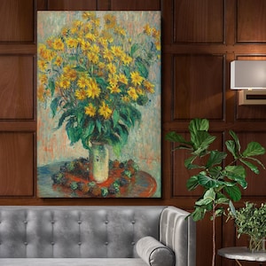 Claude Monet&#39;s Jerusalem Artichoke Flowers Canvas Prints - 1880 Vibrant Yellow Blooms, Nature-Inspired Wall Art for Rustic Living Room