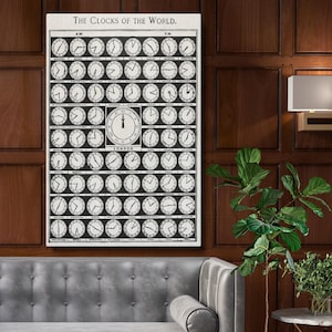 May include: A black and white vintage chart titled "The Clocks of the World." The chart shows a grid of clocks representing different cities around the world. The clocks are arranged in two columns, one for AM and one for PM. The center clock is labeled "London."