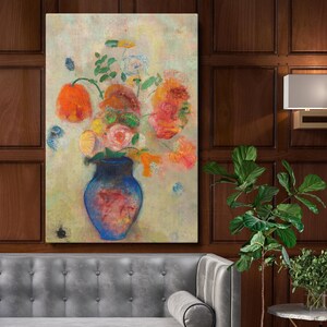 Large Vase with Flowers Canvas Wall Art - Odilon Redon Vibrant Floral Painting, Elegant Decor for Dining Room or Sophisticated Living Room