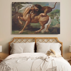 A Lion Attacking a Horse Canvas Wall Art – George Stubbs Dramatic Animal Painting, Classic Fine Art Print for Home, Office, or Study Décor