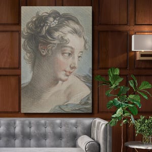 Portrait of a Young Woman Wall Canvas by François Boucher - 1768 Rococo Artwork with Pastel Elegance,  for Bedroom or Sophisticated Study