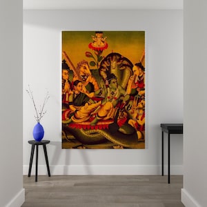 Vishnu on Ocean Wall Canvas Art - Resting on Shesha with Lakshmi and Divine Figures for Mythology-Inspired Home Wall Decor
