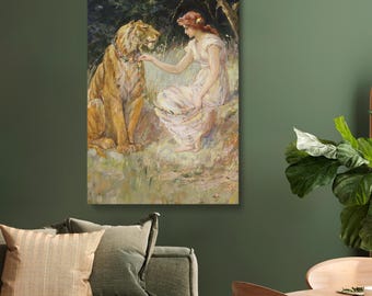 Lady and the Tiger Canvas Wall Art – Frederick Stuart Church 1900 Vintage Painting, Mythological Artwork for Home, Office, or Study Décor