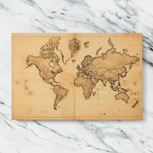 Impresión en lienzo de mapa del mundo vintage de estilo antiguo con textura de pergamino envejecido detallada para la decoración de la oficina de los amantes de la historia o el arte de pared académico.