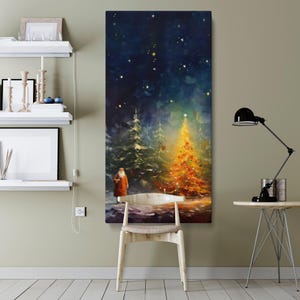 Christmas Night Canvas Wall Art - Festive Winter Scene with Santa and Glowing Tree Under Starry Sky for Holiday Home or Office Decor
