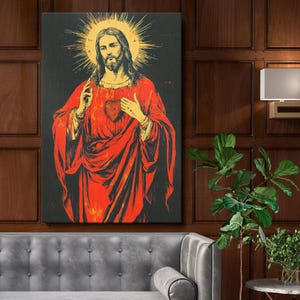 Toile murale Sacré-Cœur de Jésus - sérigraphie vintage chrétienne, décoration spirituelle de maison religieuse, d&#39;église ou de salle de prière
