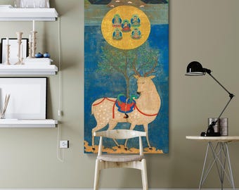 春日鹿曼荼羅 額入りキャンバス - 14世紀の日本の神聖な鹿の絵画、自然