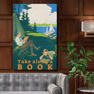 Płótno ścienne do czytania na świeżym powietrzu w stylu vintage - Ojciec i dziecko nad jeziorem z inspirującym tekstem do dekoracji ściennej w domu, biurze lub bibliotece