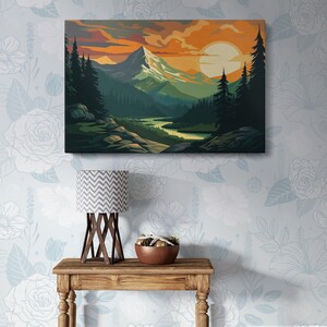 Beautiful Nature Mountain Landscape Canvas Print – Sunset Forest Illustration Wall Art for Living Room, Bedroom, Office, or Home Decor