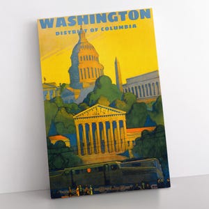 Vintage Washington DC Wall Canvas Art - Capitol and Landmarks in Bold Colors for Patriotic Office or Travel-Themed Living Room Decor