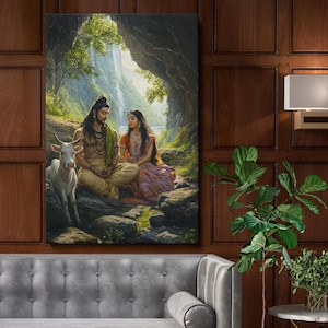Lord Shiva and Parvati Canvas Wall Print – Sacred Hindu Painting with Cow, Divine Nature Scene for Home, Temple, or Meditation Room Decor