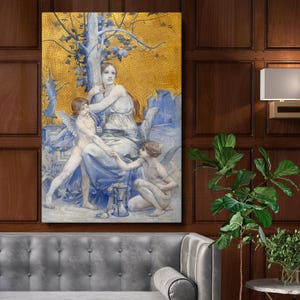 May include: A painting depicting three figures in a blue and gold landscape. A woman in a blue dress sits with a young boy and girl. The woman is holding a cup and the boy is holding a bow and arrow. The background is a gold mosaic.