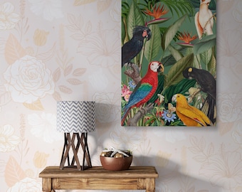 Exotic Birds Jungle Canvas Print-Vibrant Tropical Parrots and Cockatoos in Lush Greenery, Nature Wall Art for Home, Office,or Entryway Decor